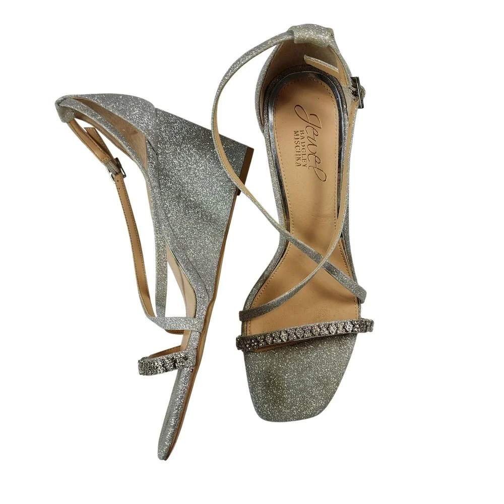 Jewel Badgley Mischka Silver Glitter Strappy Wedge Sandals Crystal Embellished 8